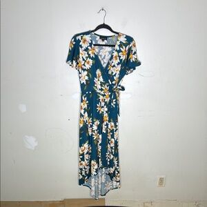 Fortune and Ivy Floral Polyester Blend Wrap Dress in Teal Size Large
